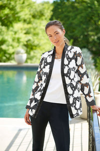 Openwork Floral Lace Jacket, Black/White, Black/White | Ming Wang