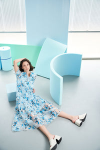 Maxi A-Line Dress - Tiered Sheer Floral Woven, Dew Blue/Haze/Limestone/Black/White | Ming Wang