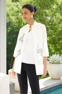 Floral Embroidered Button-Front Jacket, White/Serene Blue/Limestone/Black | Ming Wang