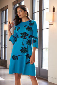 Floral Fit-and-Flare Soft Knit Dress, Bright Teal/Black | Ming Wang