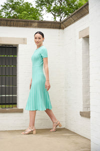 Jewel Neck Striped Flare Knit Dress, Seaspray/White | Meison Studio Presents Ming Wang
