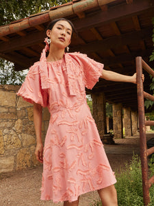 Mini Fit & Flare Dress - Puff Sleeve Fringe Applique Cotton, Ocean Coral | Meison Studio Presents Misook