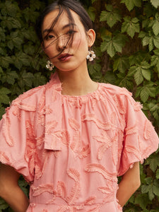 Mini Fit & Flare Dress - Puff Sleeve Fringe Applique Cotton, Ocean Coral | Meison Studio Presents Misook
