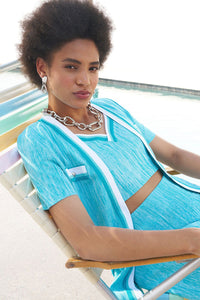 Plus Size Tie-Waist Jacket - Contrast Trim Knit, Oceanfront/Bermuda/White | Ming Wang