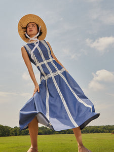 Maxi Fit & Flare Dress - Woven Eyelet Trim Cotton, Mazarine/White | Meison Studio Presents Misook