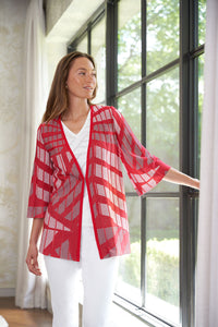 Plus Size Directional Stripe Pleated Knit Jacket, Poppy Red/White/Black | Ming Wang