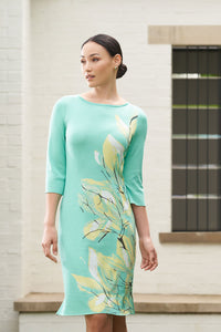 Bold Botanical Jacquard Knit Sheath Dress, Seaspray/Goldfinch/Black/White | Meison Studio Presents Ming Wang