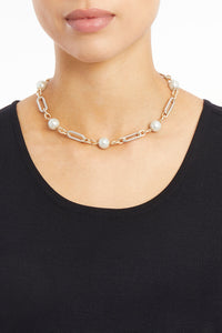 Pearl and Two-Tone Link Necklace, White/Gold/Silver | Meison Studio Presents Ming Wang