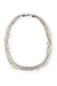 Blue Crystal Two-Tone Layered Chain Necklace, Blue Splash/Silver/Gold | Meison Studio Presents Ming Wang