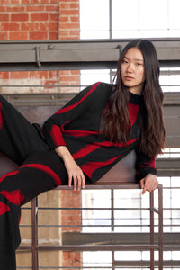 Mock Neck Tunic - Animal Pattern Soft Knit, Garnet/Black | Ming Wang
