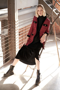Plus Size Tailored Jacket - Velvet Trim Tweed Knit, Garnet/Auburn Brown/Orzo/Black | Ming Wang