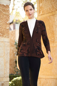 Floral Tailored Jacquard Knit Jacket, Auburn Brown/Black | Meison Studio Presents Ming Wang