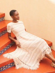 Midi Fit & Flare Dress - Pointelle Stripe Fringed Knit, Biscotti | Misook