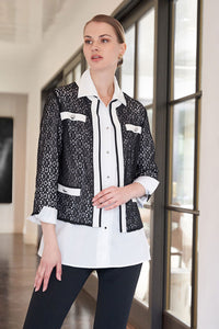 Floral Lace Contrast Trim Woven Jacket, Black | Meison Studio Presents Ming Wang