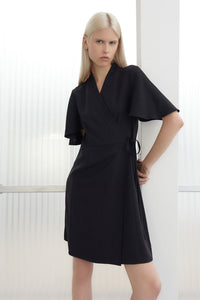 Plus Size Butterfly Sleeve Crepe de Chine Wrap Dress, Black, Black | Ming Wang