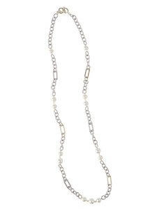 Pearl Accent Long Chain Link Necklace, Silver/Gold | Meison Studio Presents Misook