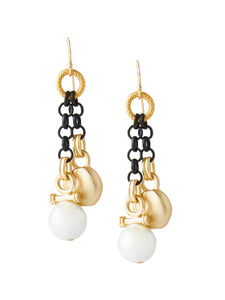 Dual Chain Gold and Pearl Drop Pierced Earrings, Gold/Black | Meison Studio Presents Misook