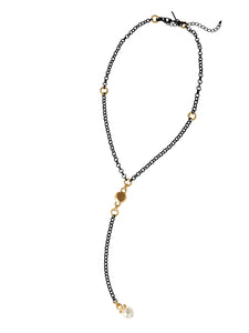 Black Link Long Pearl Pendant Necklace, Black/Gold | Meison Studio Presents Misook