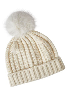 Faux Fur Pom Pom Cashmere Hat, Ivory, Ivory | Misook Premium Details