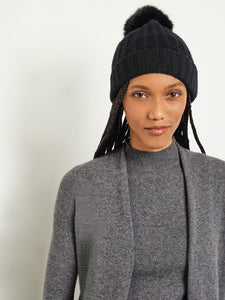 Faux Fur Pom Pom Cashmere Hat, Black, Black | Misook