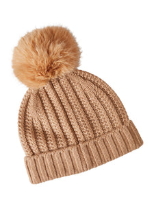 Faux Fur Pom Pom Cashmere Hat, Natural, Natural | Misook Premium Details