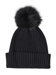 Cashmere Ribbed Knit Pom Pom Hat, Black, Black | Meison Studio Presents Misook