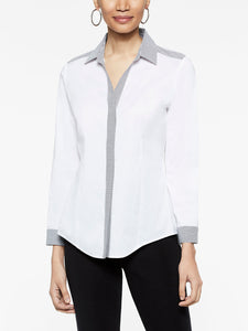 Stripe Trim Stretch Cotton Button-Up Shirt, White/Black, White/Black | Meison Studio Presents Misook
