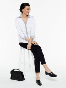 Stripe Trim Stretch Cotton Button-Up Shirt, White/Black, White/Black | Meison Studio Presents Misook