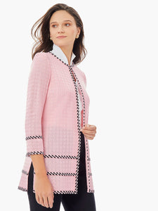 Stripe Trim Grid Knit Jacket, Carnation Pink/Black | Meison Studio Presents Misook