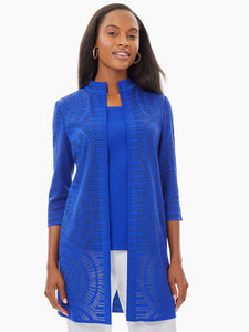 Sheer Fan Pattern Knit Jacket, Blue Flame | Meison Studio Presents Misook