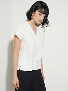 Short Sleeve V-Neck Crepe de Chine Blouse, White | Meison Studio Presents Misook