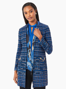 Chain-Trim Pocket Knit Tweed Jacket, Evening Blue/Black/Biscotti/Goldenwood | Meison Studio Presents Misook
