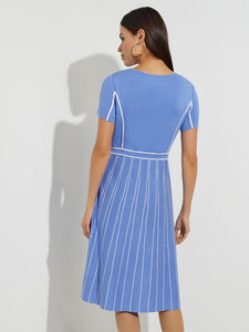 Contrast Stripe A-Line Soft Knit Dress, Ribbon Blue/White | Meison Studio Presents Misook