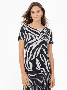 Short Sleeve Zebra Soft Knit Top, Black/White | Meison Studio Presents Misook