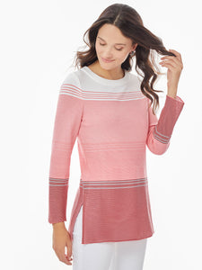 Ombre Stripe Sheer Hem Knit Tunic, Sugar Coral/Pink Clay/Black/White | Meison Studio Presents Misook