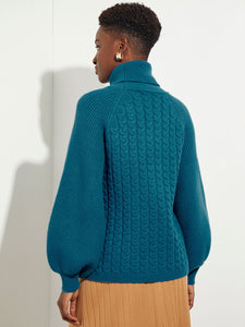 Balloon Sleeve Cozy Cable Knit Turtleneck, Galactic Teal, Galactic Teal | Meison Studio Presents Misook