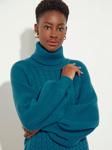 Balloon Sleeve Cozy Cable Knit Turtleneck, Galactic Teal, Galactic Teal | Meison Studio Presents Misook