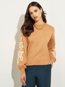 Embroidered Sleeve Cozy Knit Tunic, Italian Clay/Biscotti | Meison Studio Presents Misook