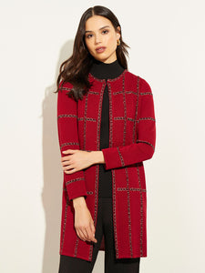 Tweed Trim Windowpane Knit Duster, Scarlet Red/Black | Meison Studio Presents Misook