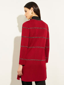 Tweed Trim Windowpane Knit Duster, Scarlet Red/Black | Meison Studio Presents Misook
