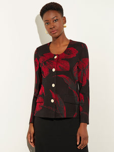 Oversized Floral Button-Front Knit Jacket, Scarlet Red/Black | Meison Studio Presents Misook