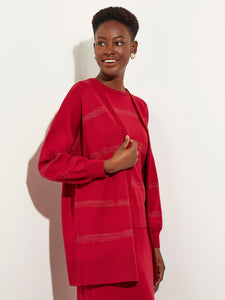 Shimmer Stripe Tie-Waist Soft Recycled Knit Cardigan, Scarlet Red, Scarlet Red | Meison Studio Presents Misook