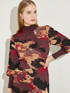 Landscape Pattern Soft Knit Midi Dress, Scarlet Red/Mahogany/Italian Clay/Biscotti/Black | Meison Studio Presents Misook