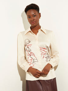 Floral Embroidered Crepe de Chine Blouse, Biscotti/Scarlet Red/Mahogany | Meison Studio Presents Misook