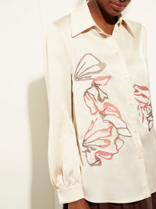 Floral Embroidered Crepe de Chine Blouse, Biscotti/Scarlet Red/Mahogany | Meison Studio Presents Misook