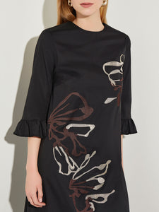 Floral Embroidered Cotton Poplin Midi Dress, Black/Biscotti/Mahogany | Misook Premium Details