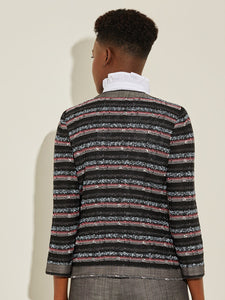 Chambray Trim Striped Tweed Knit Jacket, Rapture Rose/Slate Grey/Vintage Blue/Pale Pink/Black | Meison Studio Presents Misook