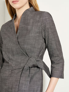 Side Tie Chambray Asymmetrical Wrap Blouse, Slate Grey | Meison Studio Presents Misook