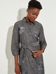 Floral Embroidery Belted Chambray Shirt Dress, Slate Grey/Vintage Blue/Black | Meison Studio Presents Misook