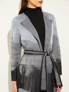 Landscape Pattern Belted Jacquard Knit Jacket, Slate Grey/Vintage Blue/Black | Meison Studio Presents Misook